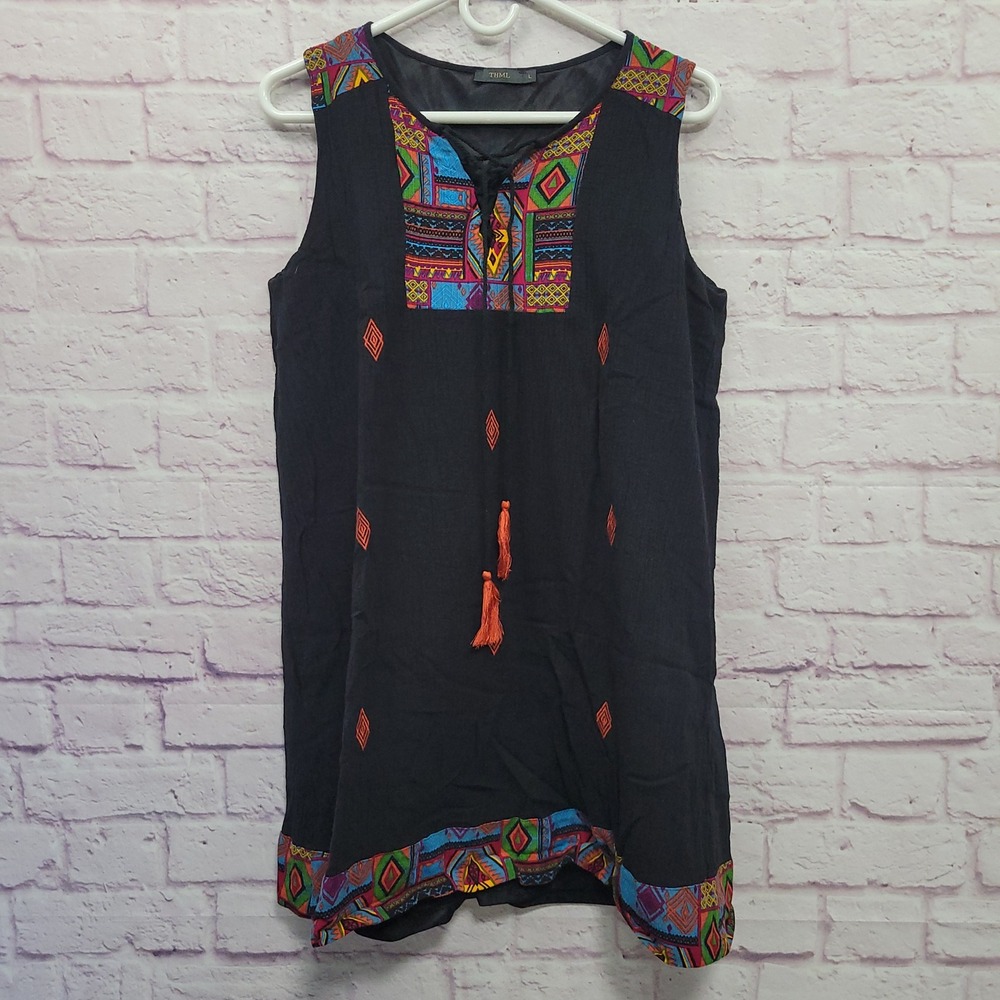 THML Boho Embroidered Shift Dress L Sleeveless Tassel Lace Up Ethnic Festival
